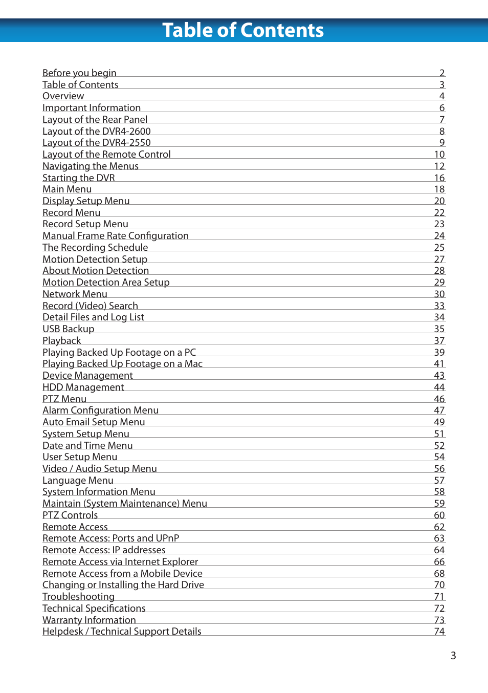 Table of contents contents | Swann 8 Channel DVR H.264 User Manual | Page 5 / 76