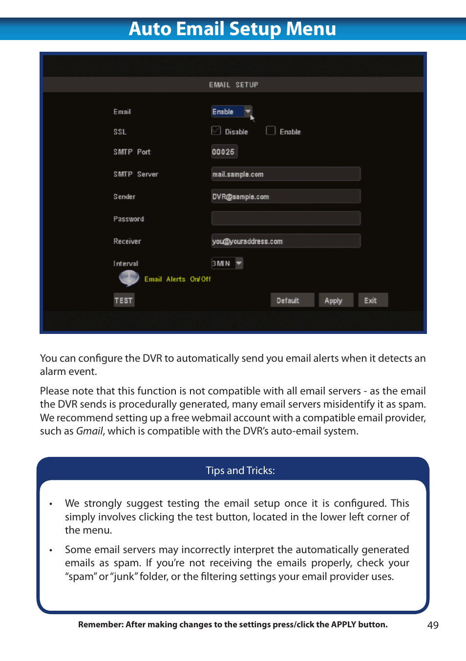 Auto email setup menu | Swann 8 Channel DVR H.264 User Manual | Page 51 / 76