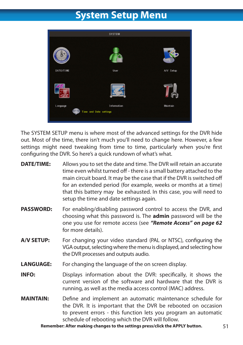 System setup menu | Swann 8 Channel DVR H.264 User Manual | Page 53 / 76