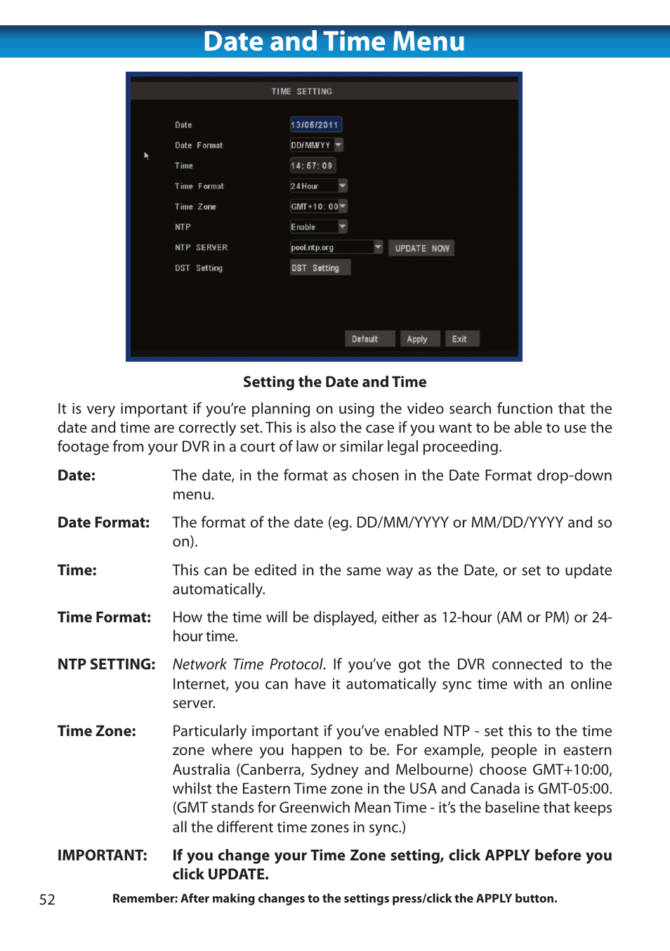 Date and time menu | Swann 8 Channel DVR H.264 User Manual | Page 54 / 76