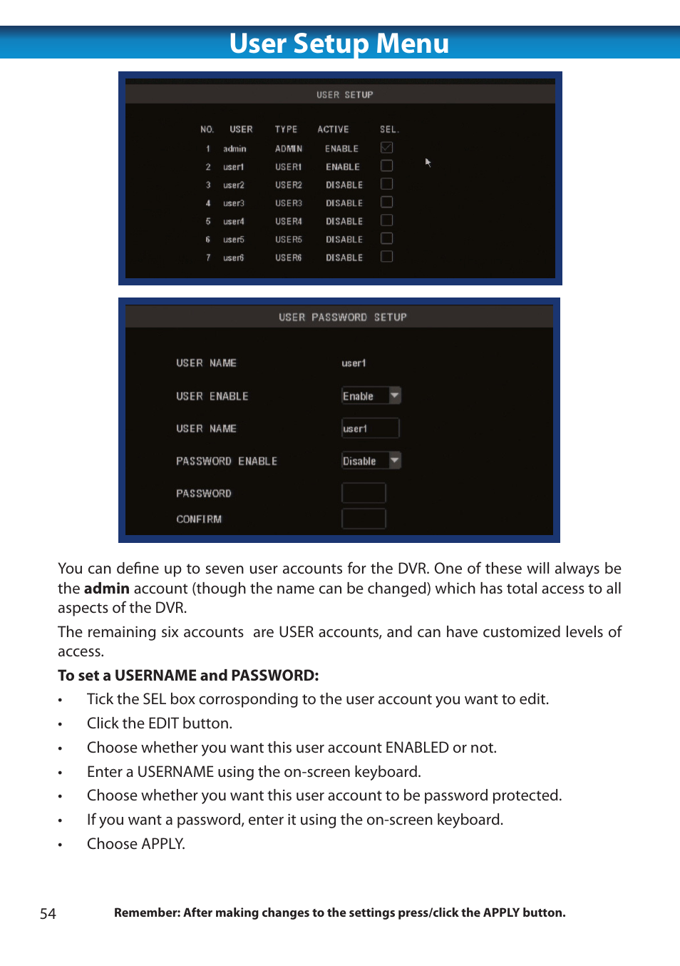 User setup menu | Swann 8 Channel DVR H.264 User Manual | Page 56 / 76
