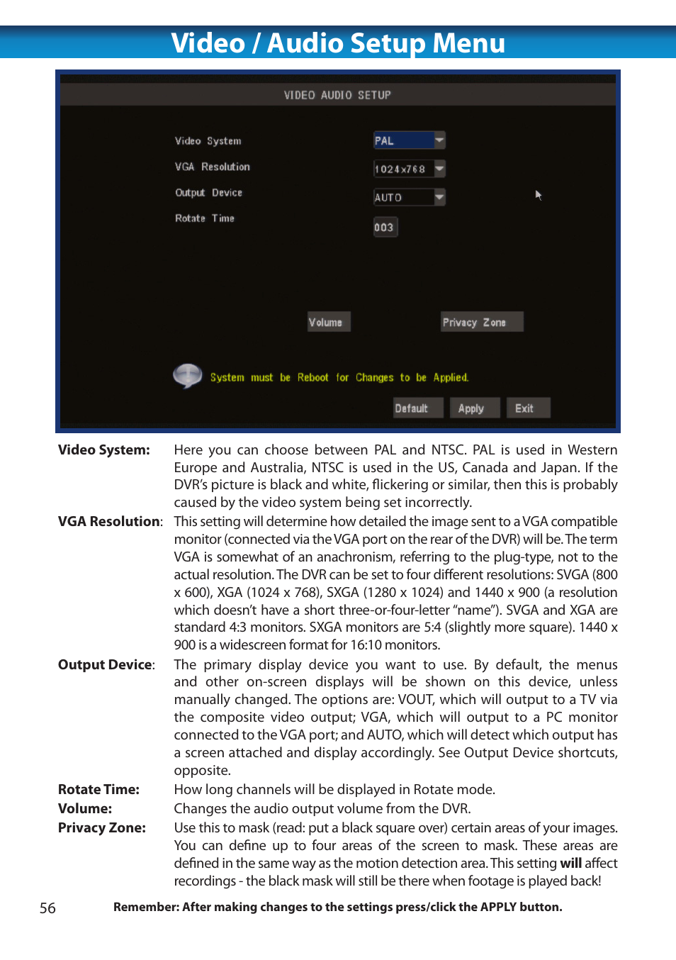 Video / audio setup menu | Swann 8 Channel DVR H.264 User Manual | Page 58 / 76