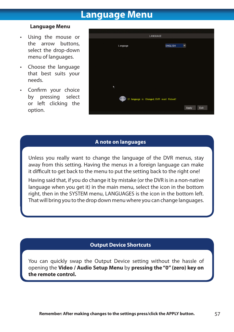 Language menu | Swann 8 Channel DVR H.264 User Manual | Page 59 / 76