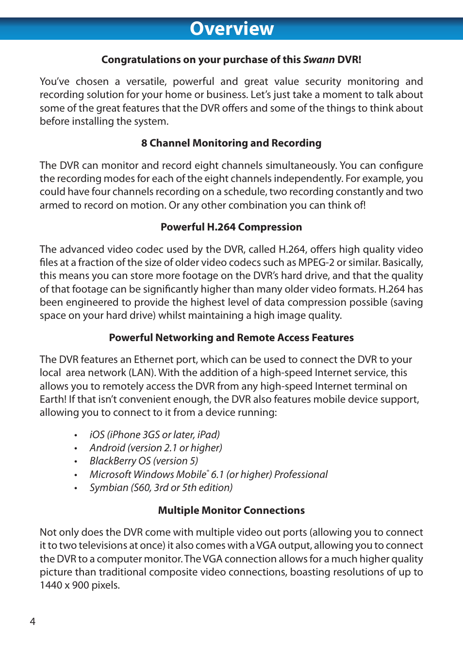 Overview | Swann 8 Channel DVR H.264 User Manual | Page 6 / 76