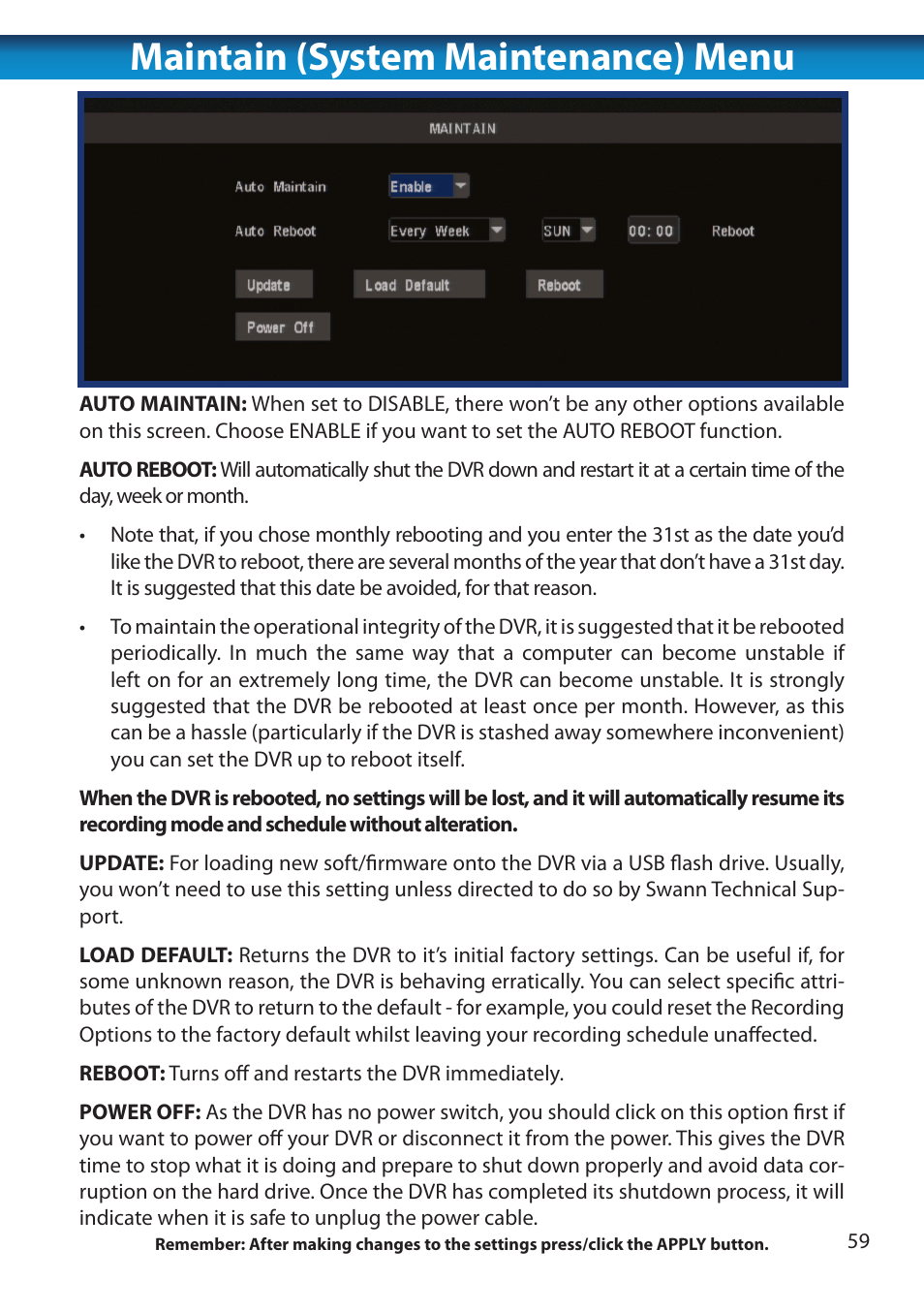 Maintain (system maintenance) menu | Swann 8 Channel DVR H.264 User Manual | Page 61 / 76