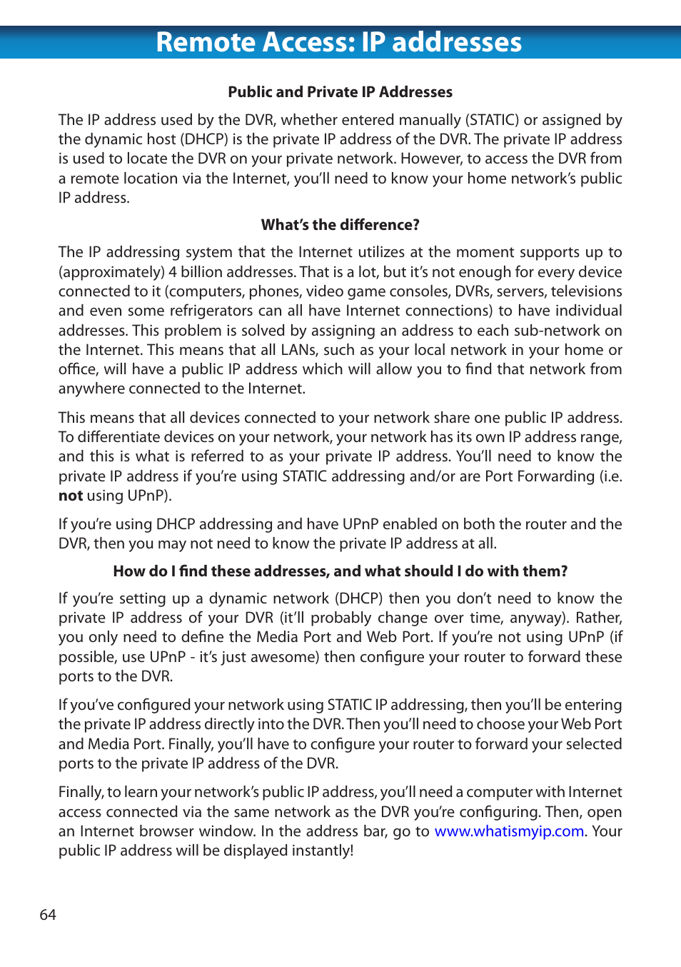 Remote access: ip addresses | Swann 8 Channel DVR H.264 User Manual | Page 66 / 76