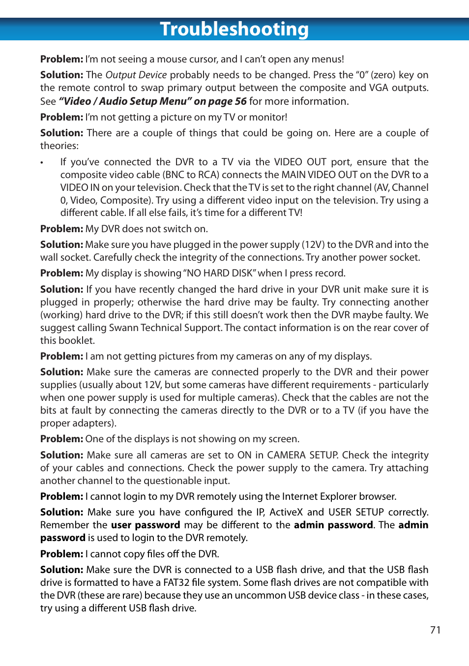 Troubleshooting | Swann 8 Channel DVR H.264 User Manual | Page 73 / 76