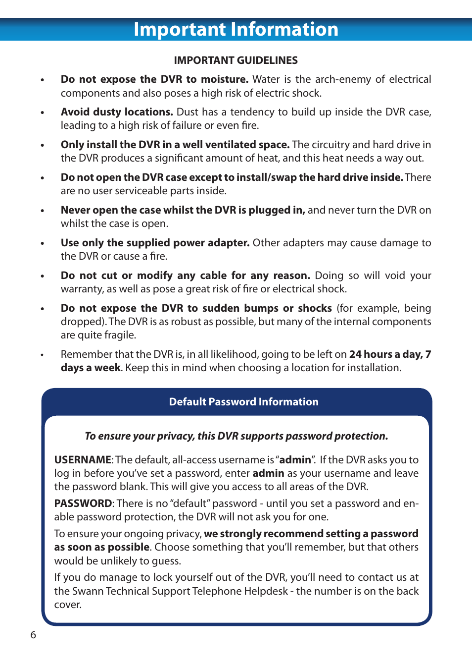 Important information | Swann 8 Channel DVR H.264 User Manual | Page 8 / 76