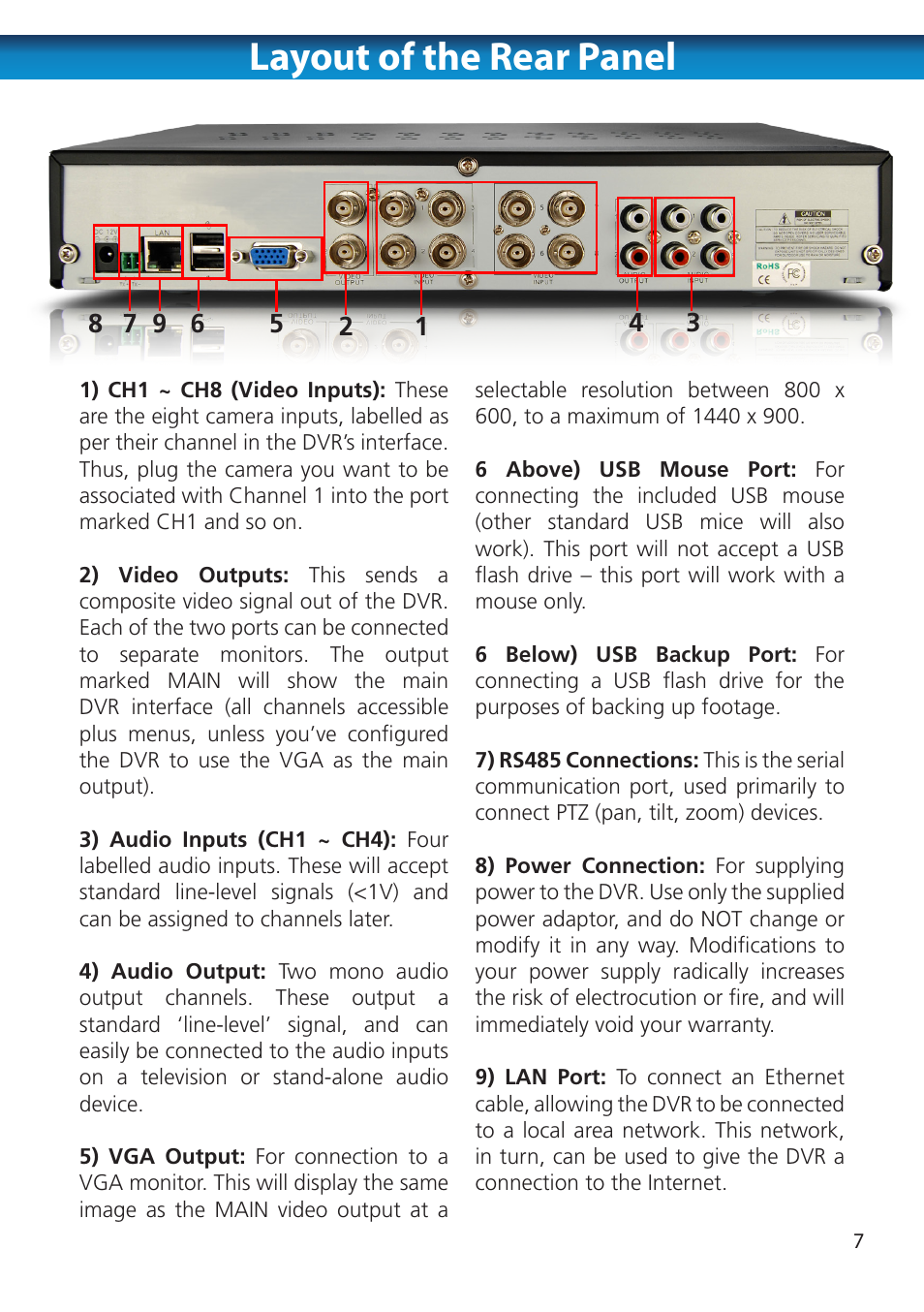 Layout of the rear panel | Swann 8 Channel DVR H.264 User Manual | Page 9 / 76