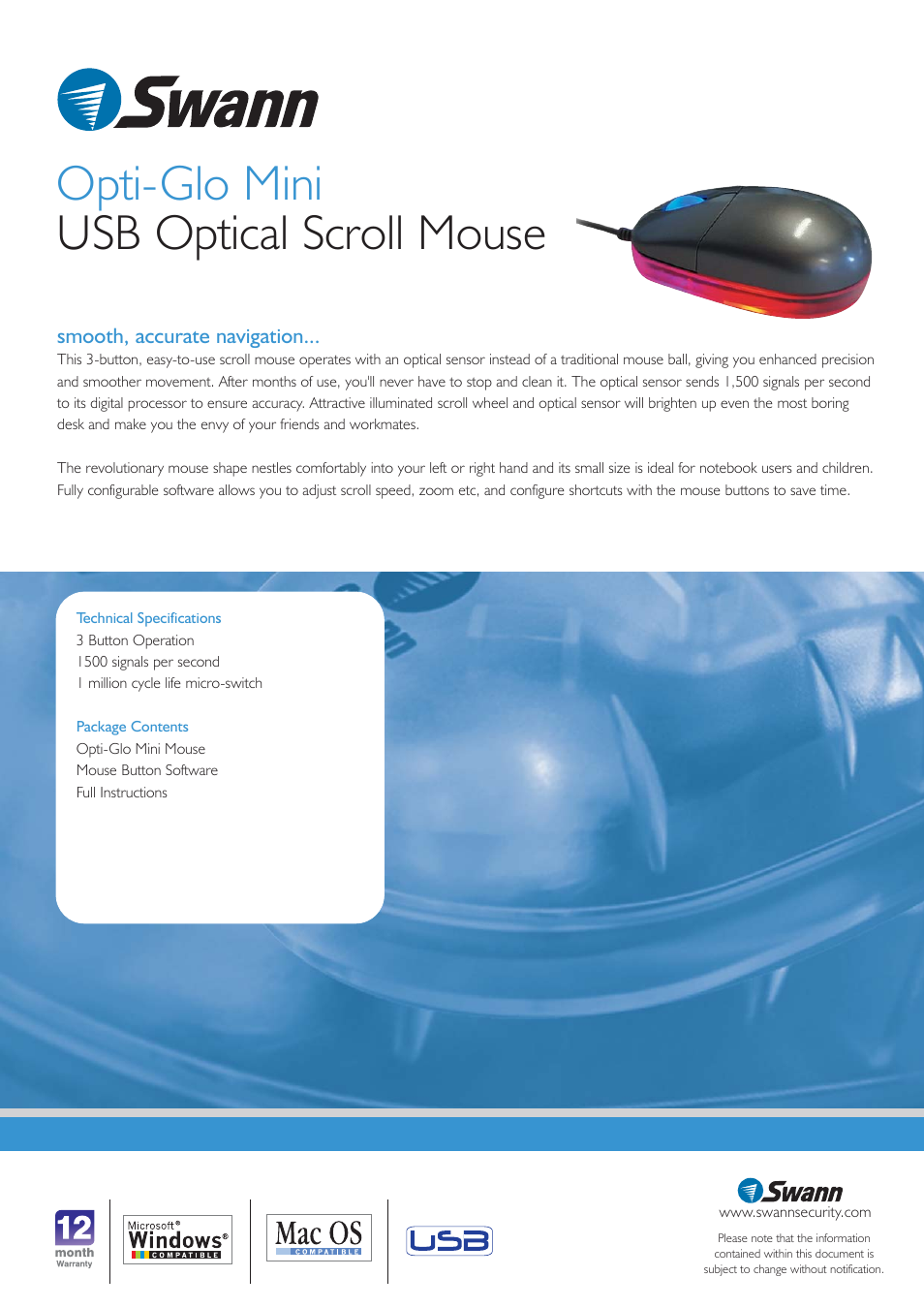 Opti-glo mini usb optical scroll mouse | Swann OutdoorCam none User Manual | Page 2 / 2