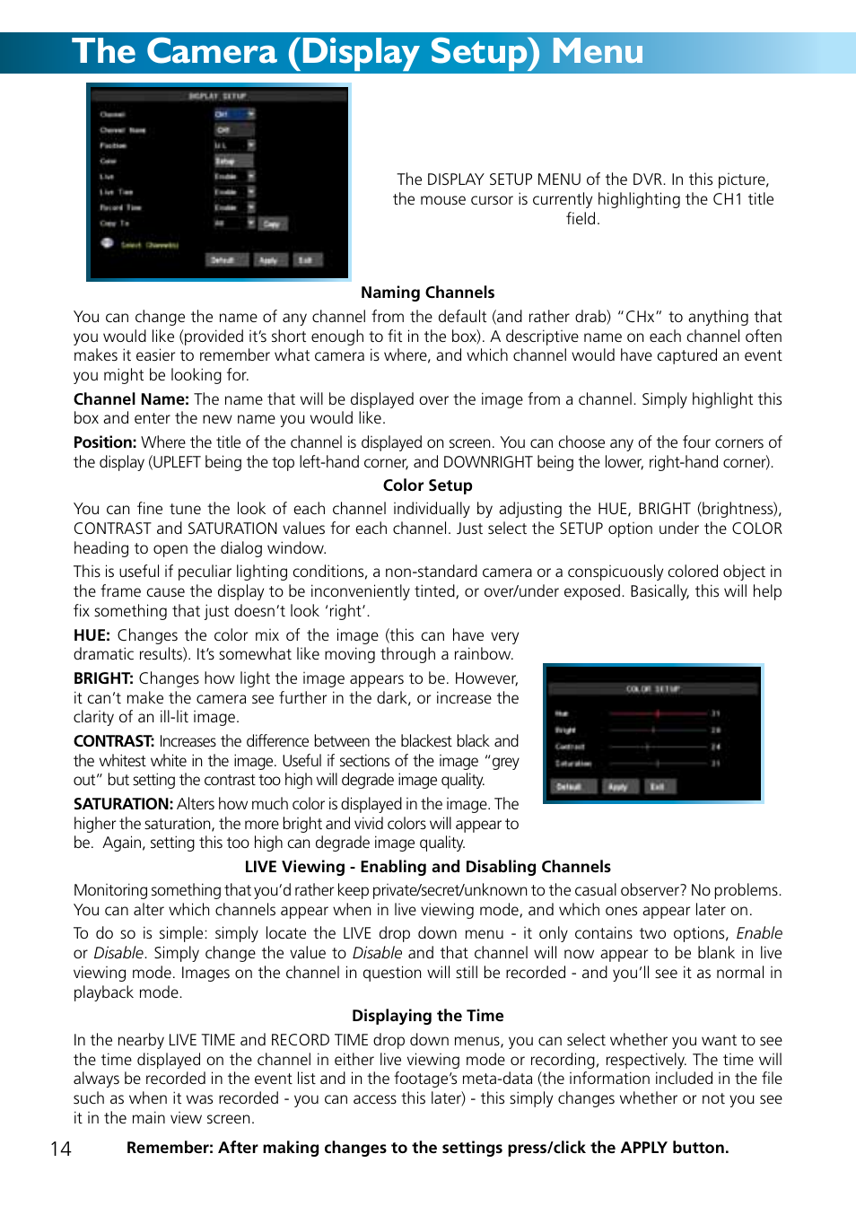 The camera (display setup) menu | Swann ADVANCED-SERIES H.264 User Manual | Page 14 / 40