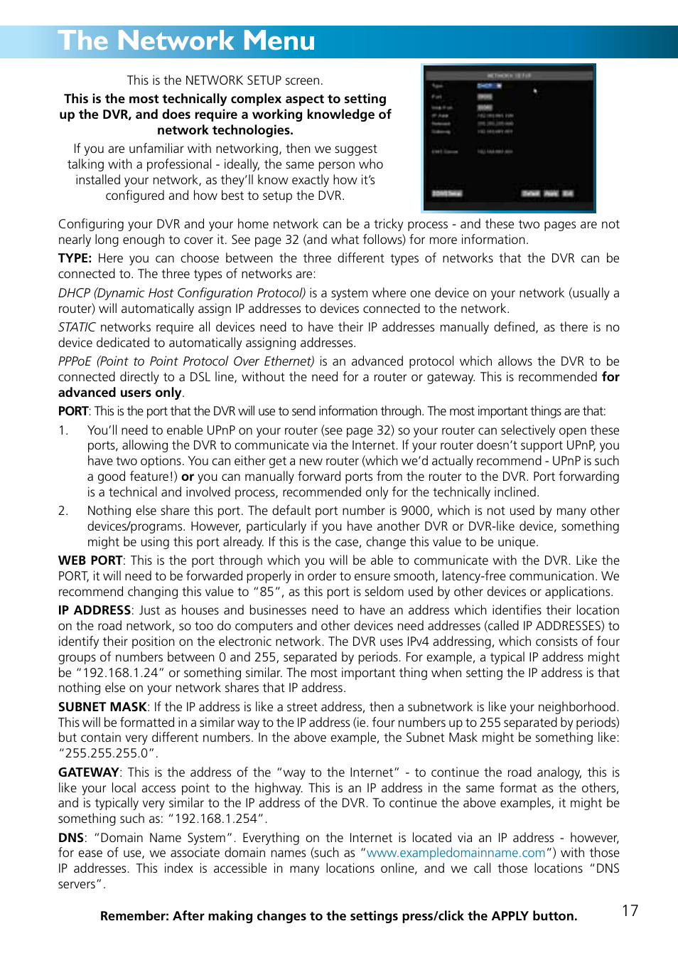 The network menu | Swann ADVANCED-SERIES H.264 User Manual | Page 17 / 40