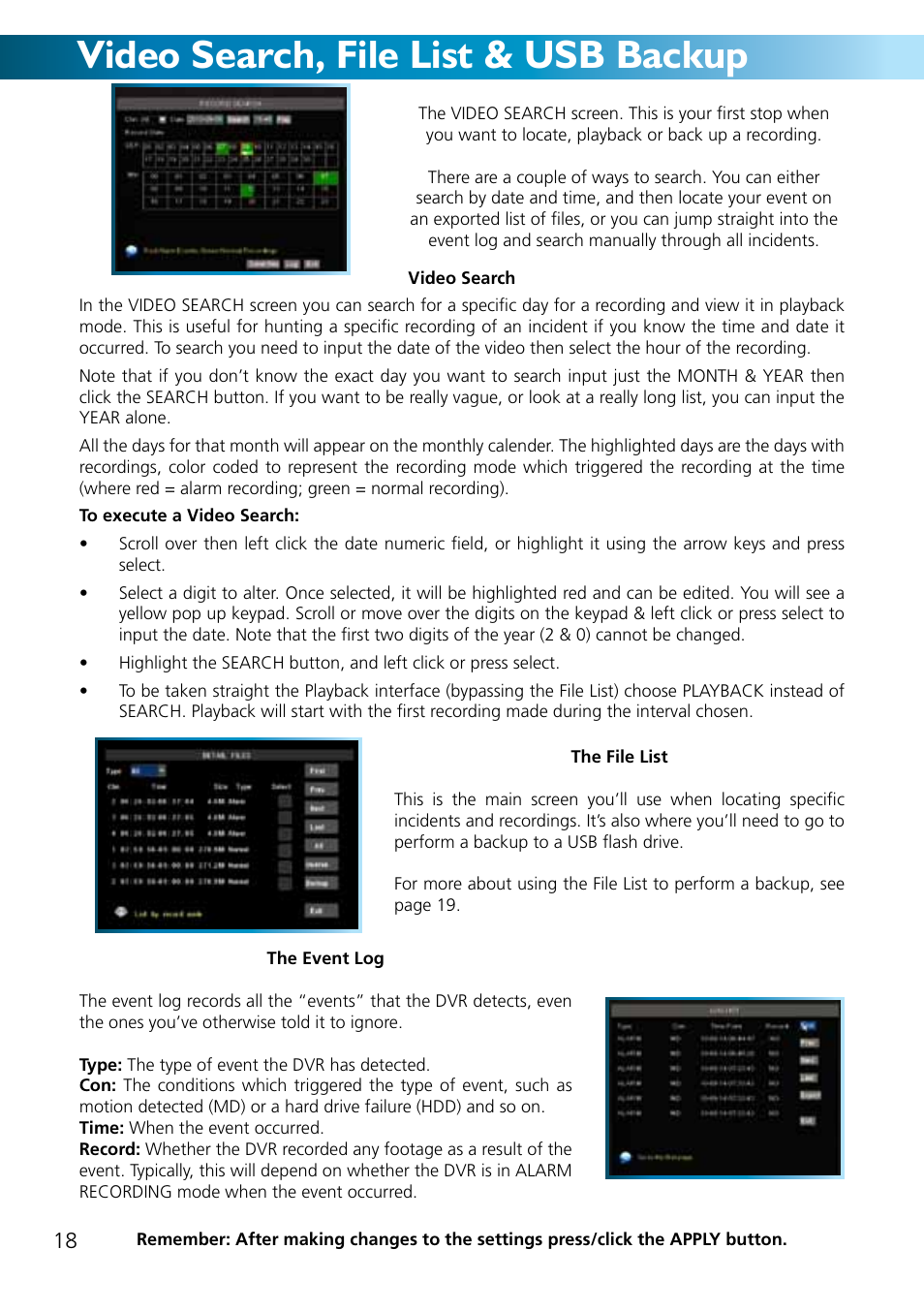 Video search, file list & usb backup | Swann ADVANCED-SERIES H.264 User Manual | Page 18 / 40
