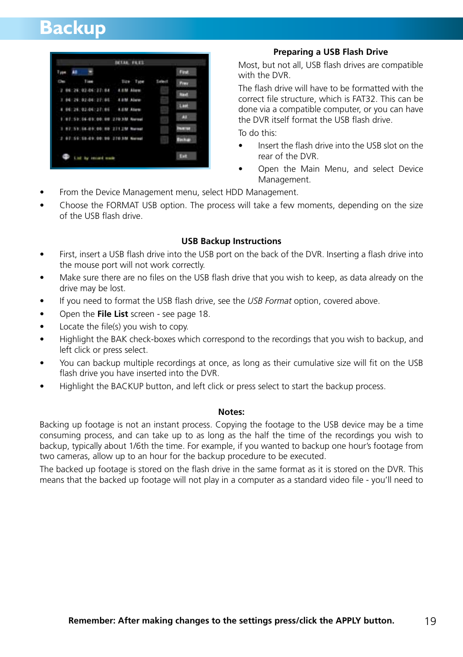 Backup | Swann ADVANCED-SERIES H.264 User Manual | Page 19 / 40