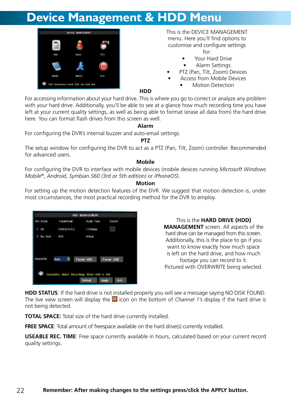 Device management & hdd menu | Swann ADVANCED-SERIES H.264 User Manual | Page 22 / 40