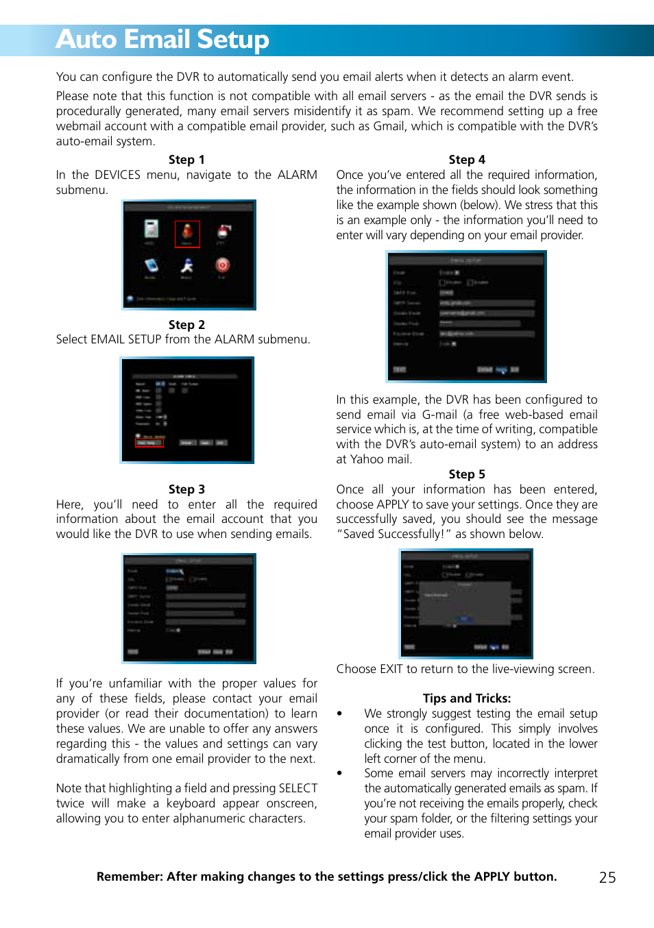 Auto email setup | Swann ADVANCED-SERIES H.264 User Manual | Page 25 / 40