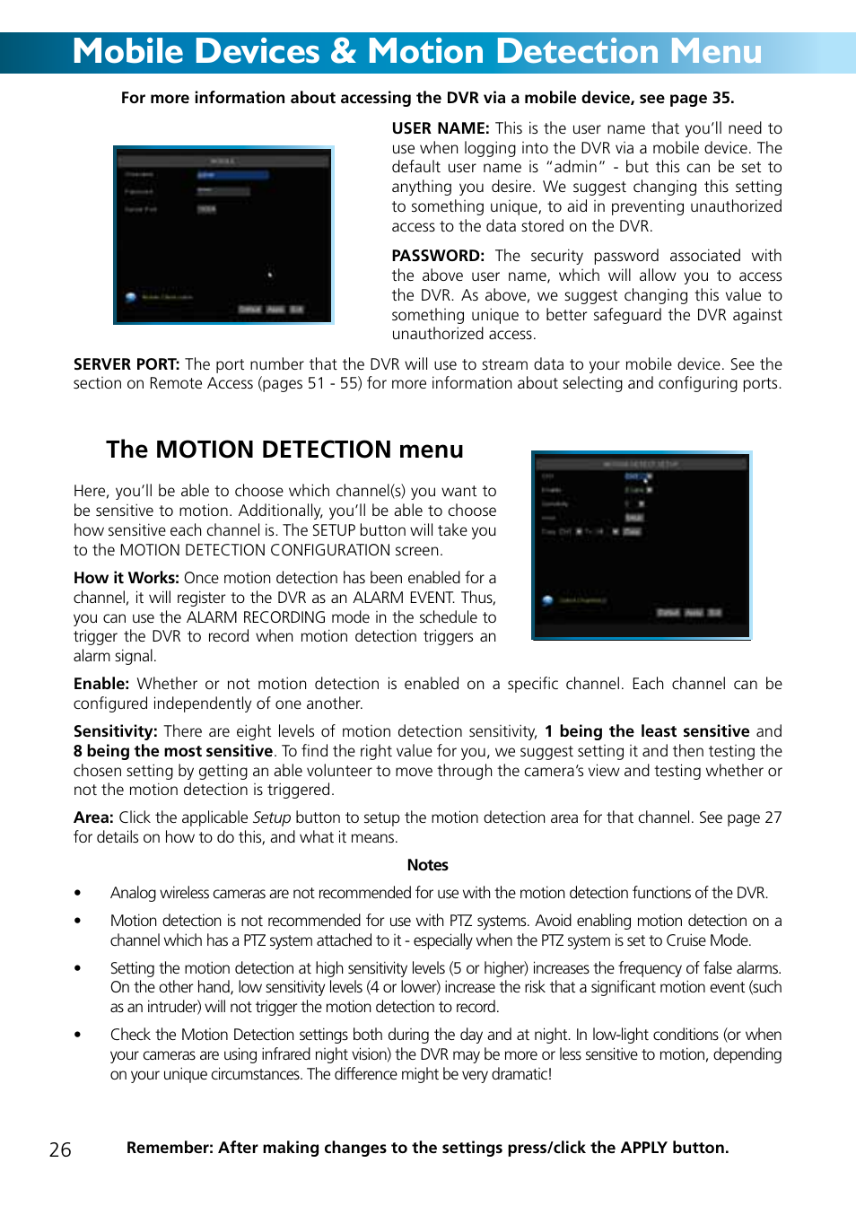 Mobile devices & motion detection menu, The motion detection menu | Swann ADVANCED-SERIES H.264 User Manual | Page 26 / 40