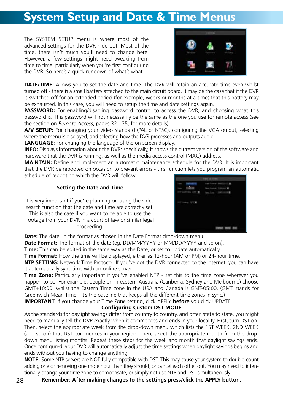 System setup and date & time menus | Swann ADVANCED-SERIES H.264 User Manual | Page 28 / 40