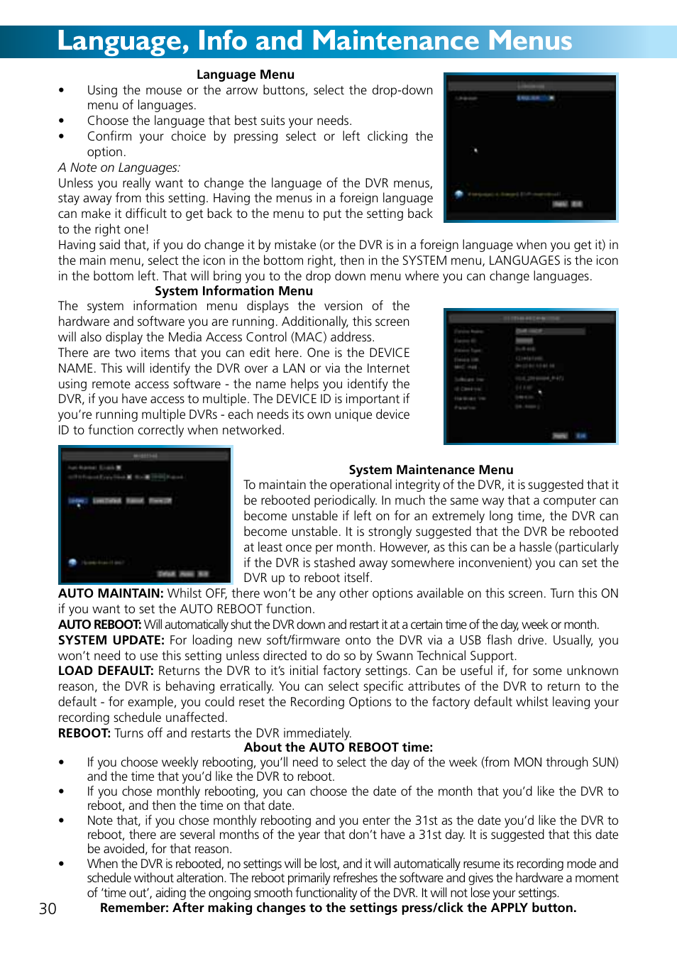 Language, info and maintenance menus | Swann ADVANCED-SERIES H.264 User Manual | Page 30 / 40
