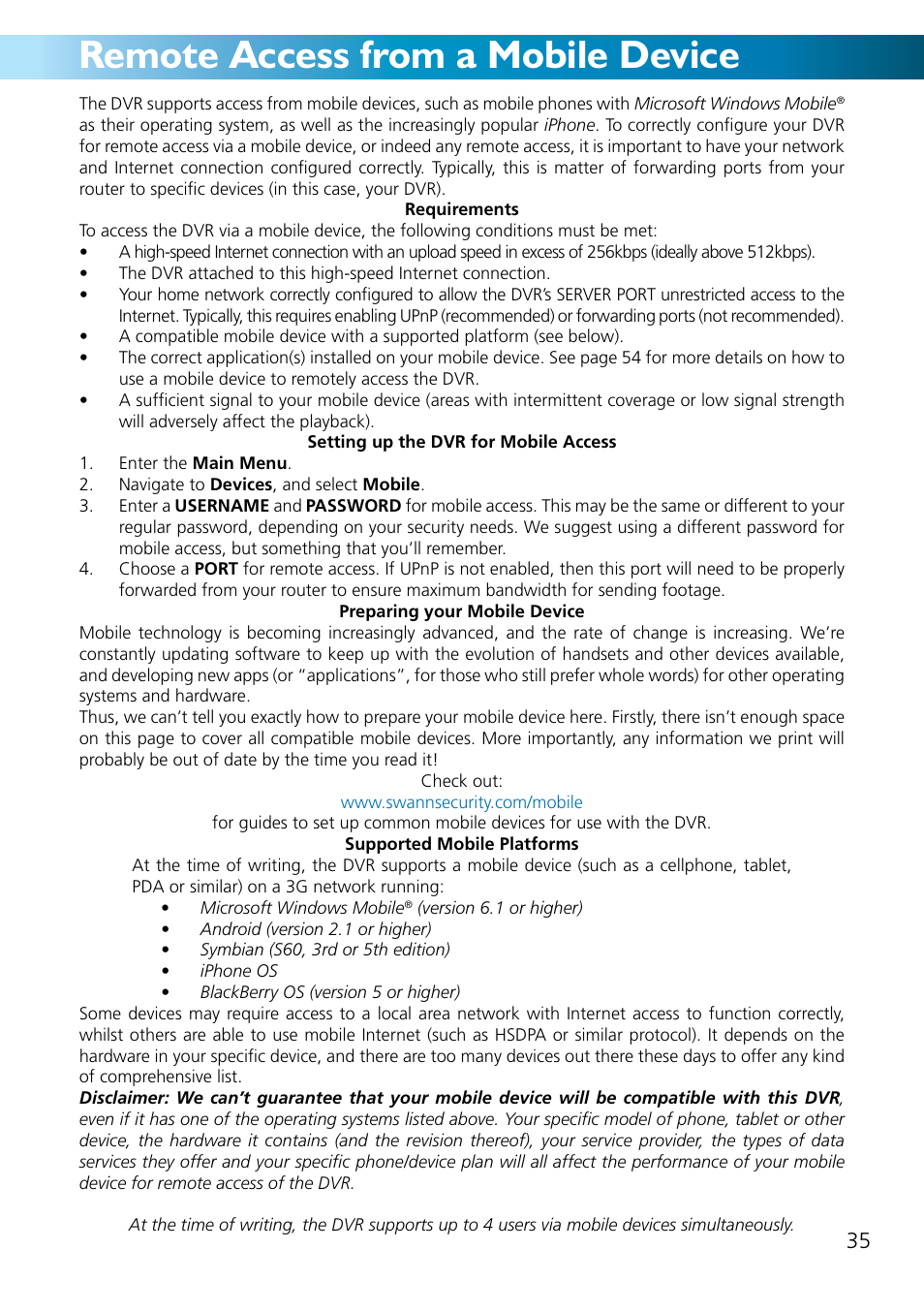 Remote access from a mobile device | Swann ADVANCED-SERIES H.264 User Manual | Page 35 / 40