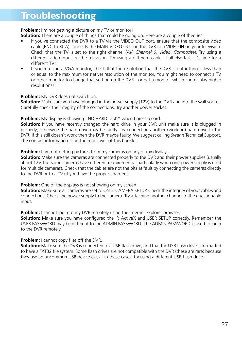 Troubleshooting | Swann ADVANCED-SERIES H.264 User Manual | Page 37 / 40