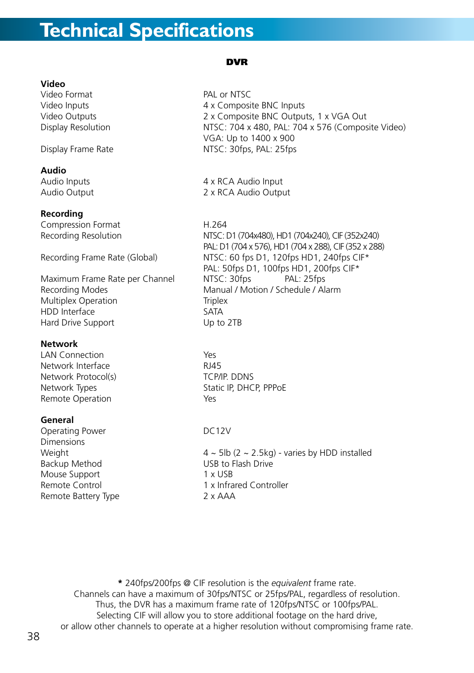 Technical specifications | Swann ADVANCED-SERIES H.264 User Manual | Page 38 / 40