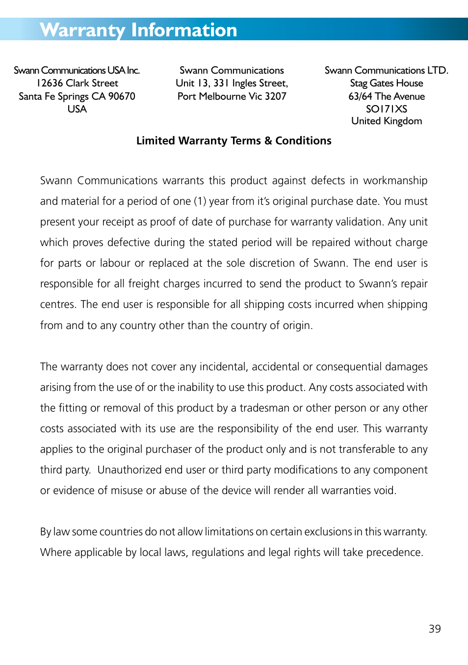 Warranty information | Swann ADVANCED-SERIES H.264 User Manual | Page 39 / 40