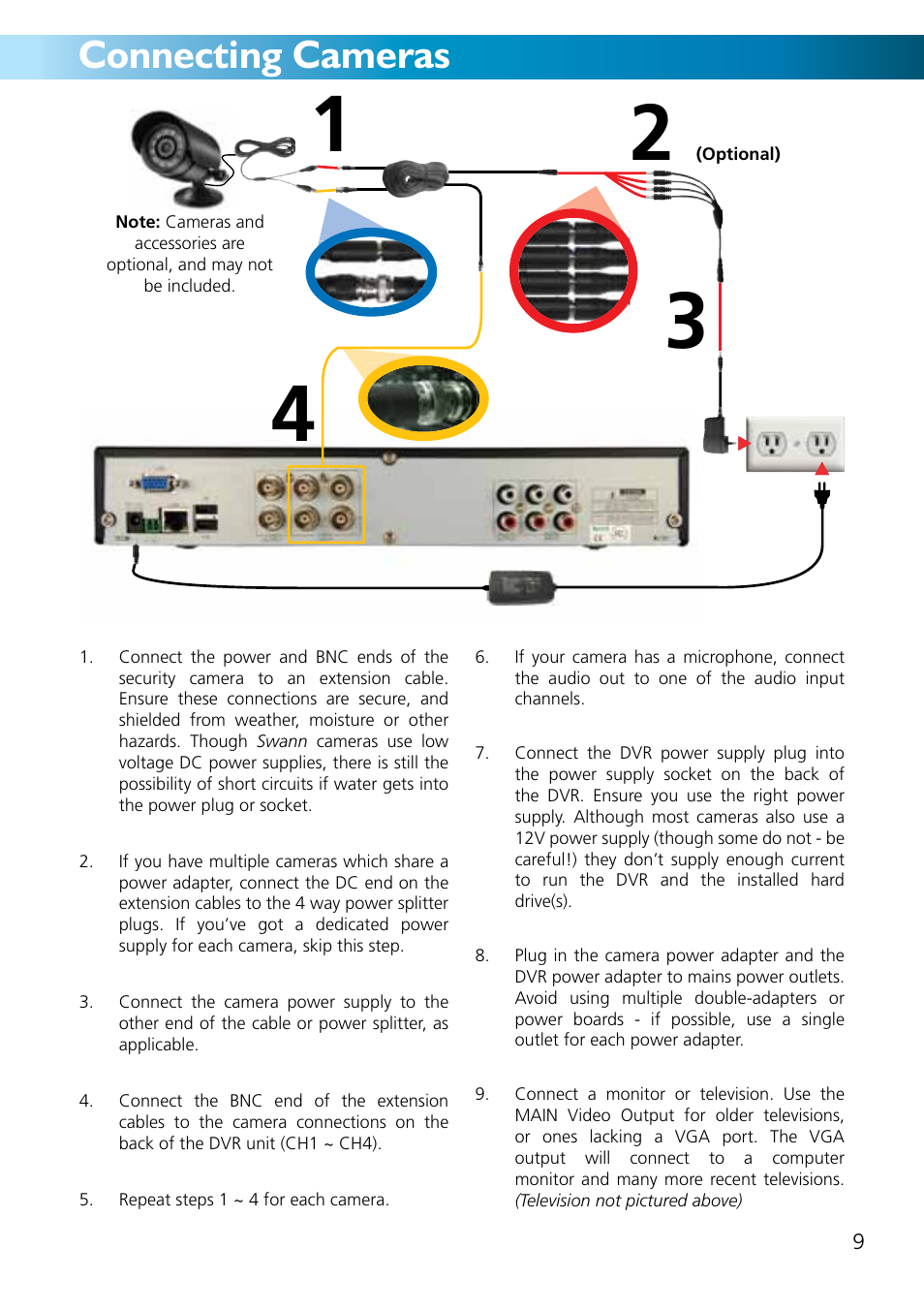 Connecting cameras | Swann ADVANCED-SERIES H.264 User Manual | Page 9 / 40