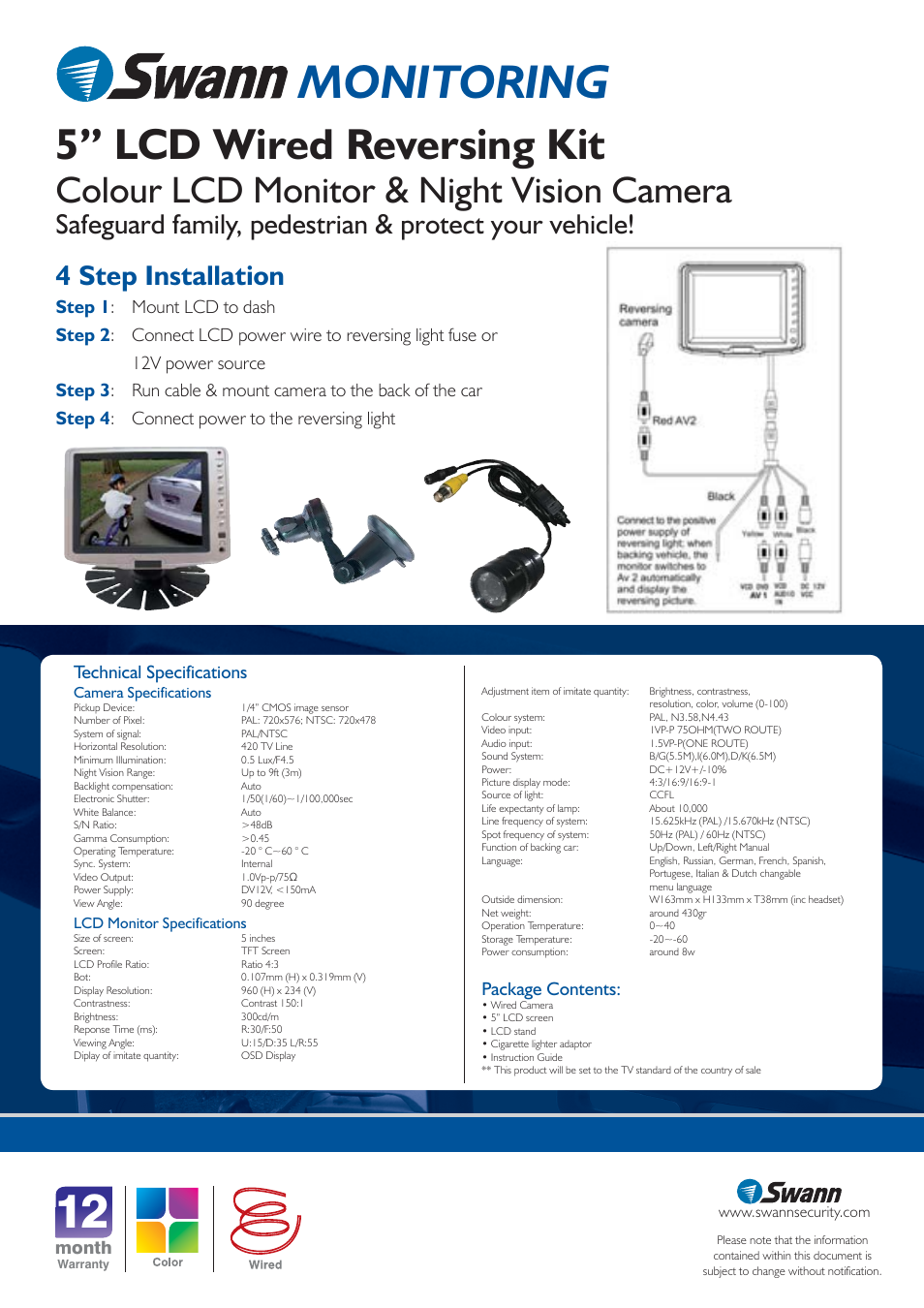Monitoring, 5” lcd wired reversing kit, Colour lcd monitor & night vision camera | 4 step installation, Technical specifications package contents, Month | Swann SW244-VR5 User Manual | Page 2 / 2