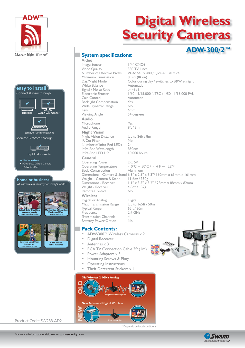 Digital wireless security cameras, Adw-300/2, Pack contents | System specifications, Easy to install | Swann ADW-300/2 User Manual | Page 2 / 2