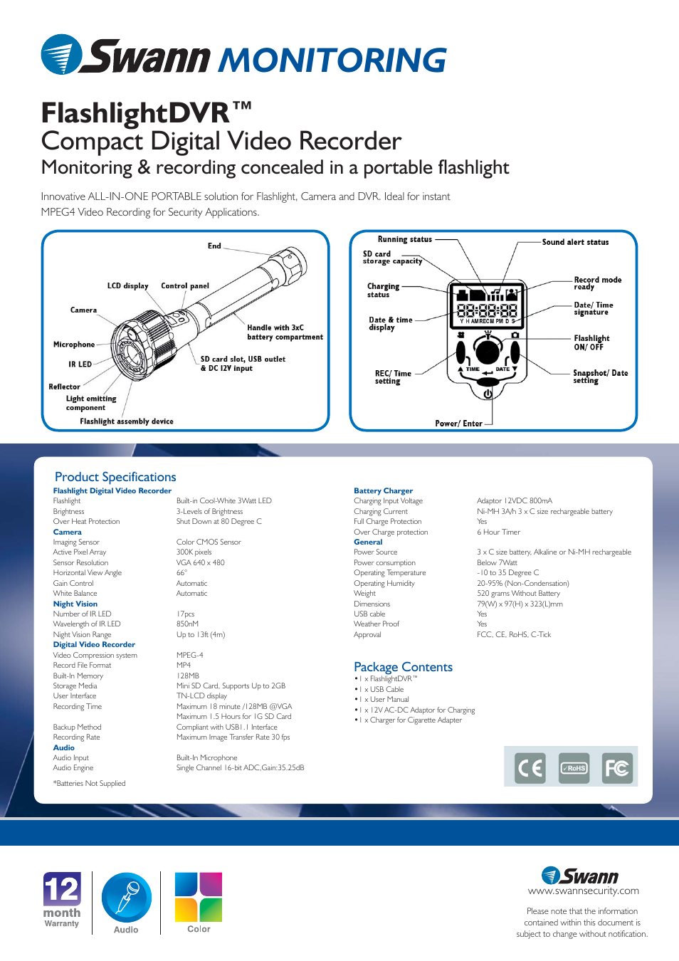 Monitoring, Flashlightdvr, Compact digital video recorder | Product specifications, Package contents | Swann Flashlight SW244-TDV User Manual | Page 2 / 2