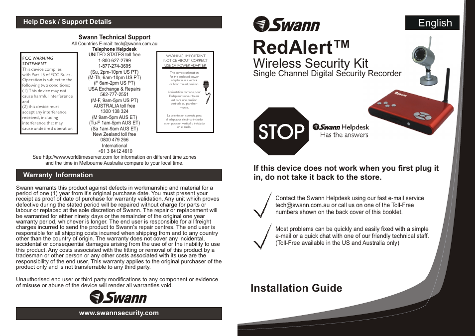Swann RedAlert Single Channel Digital Security Recorder User Manual | 8 pages