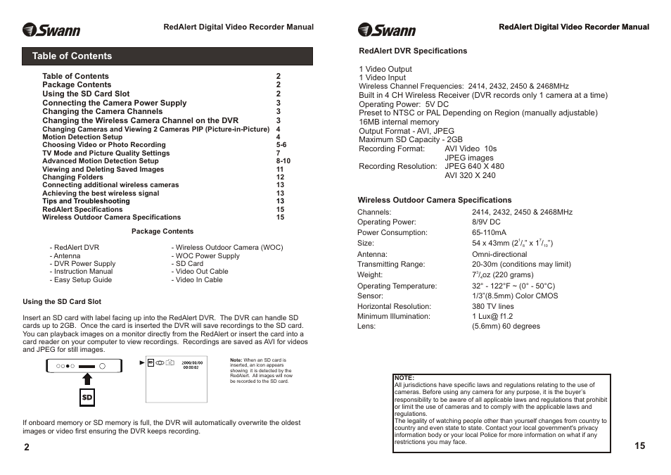 Swann RedAlert Single Channel Digital Security Recorder User Manual | Page 2 / 8