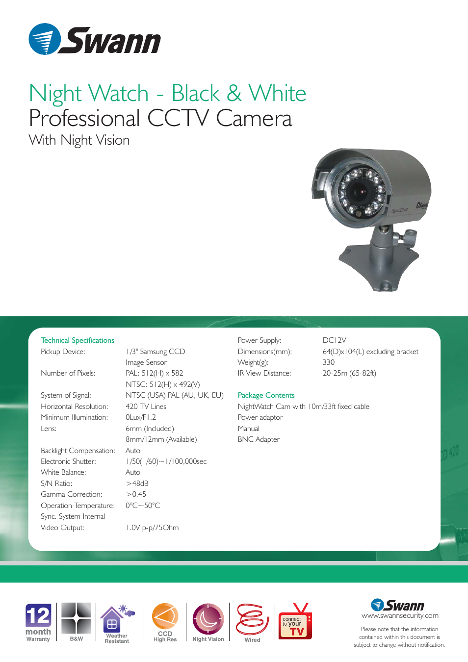 With night vision | Swann Professional CCTV Camera User Manual | Page 2 / 2