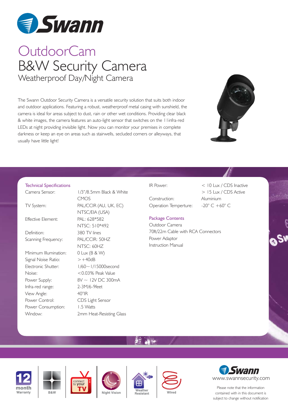 Outdoorcam b&w security camera, Weatherproof day/night camera | Swann SW-D-DODBW User Manual | Page 2 / 2