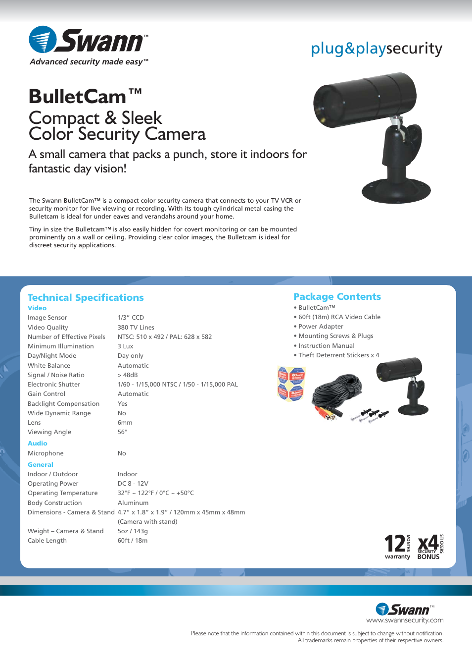 Bulletcam, Compact & sleek color security camera, Plug&play security | Package contents, Technical speciﬁ cations | Swann SW213-BCC User Manual | Page 2 / 2
