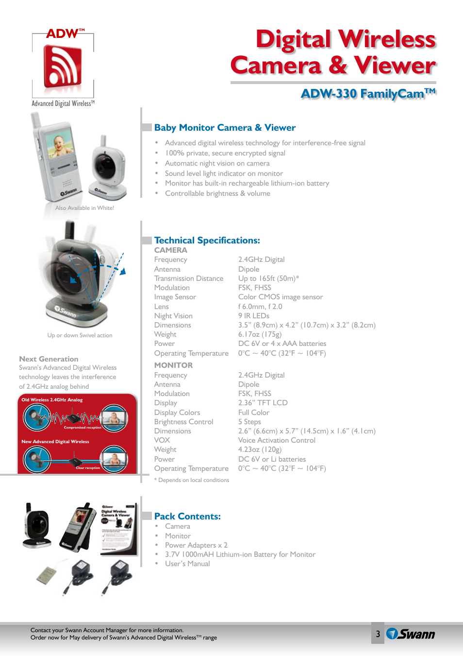 Digital wireless camera & viewer, Adw-330 familycam, Baby monitor camera & viewer | Pack contents, Technical specifications | Swann FamilyCam ADW-330 User Manual | Page 2 / 2