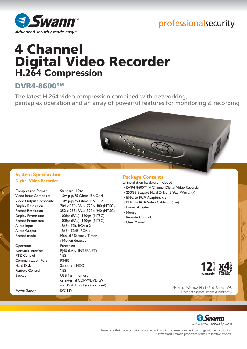 4 channel digital video recorder, H.264 compression | Swann SW224-6T4 User Manual | Page 2 / 2