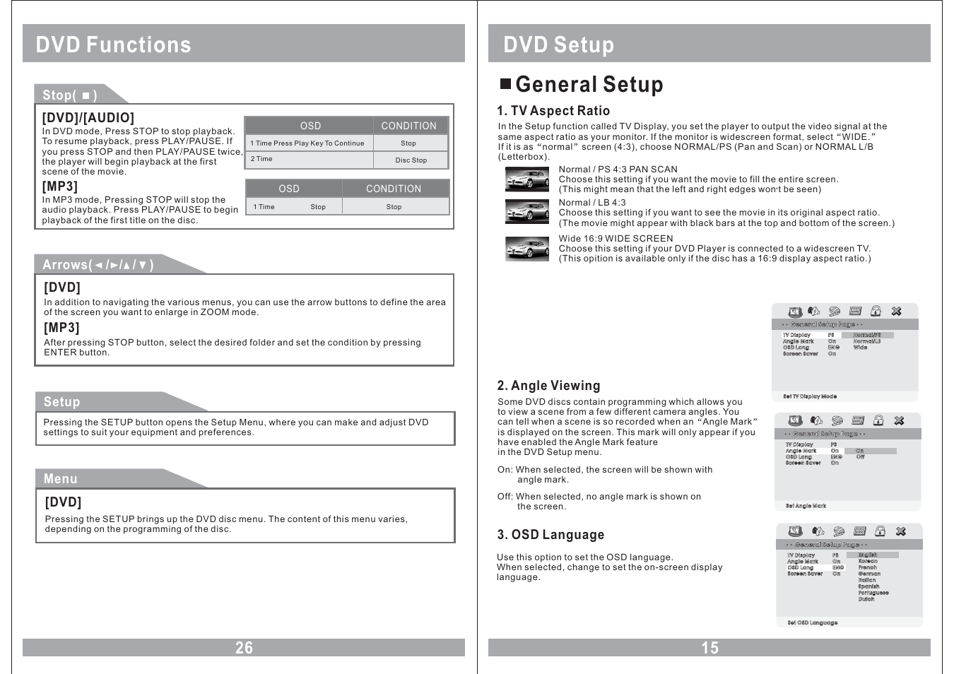 Dvd functions, Dvd setup general setup, Stop( ) | Dvd]/[audio, Mp3] menu, Arrows( / / / ), Setup, Tv aspect ratio, Angle viewing, Osd language | Sound Stream VHD-9BK User Manual | Page 15 / 20