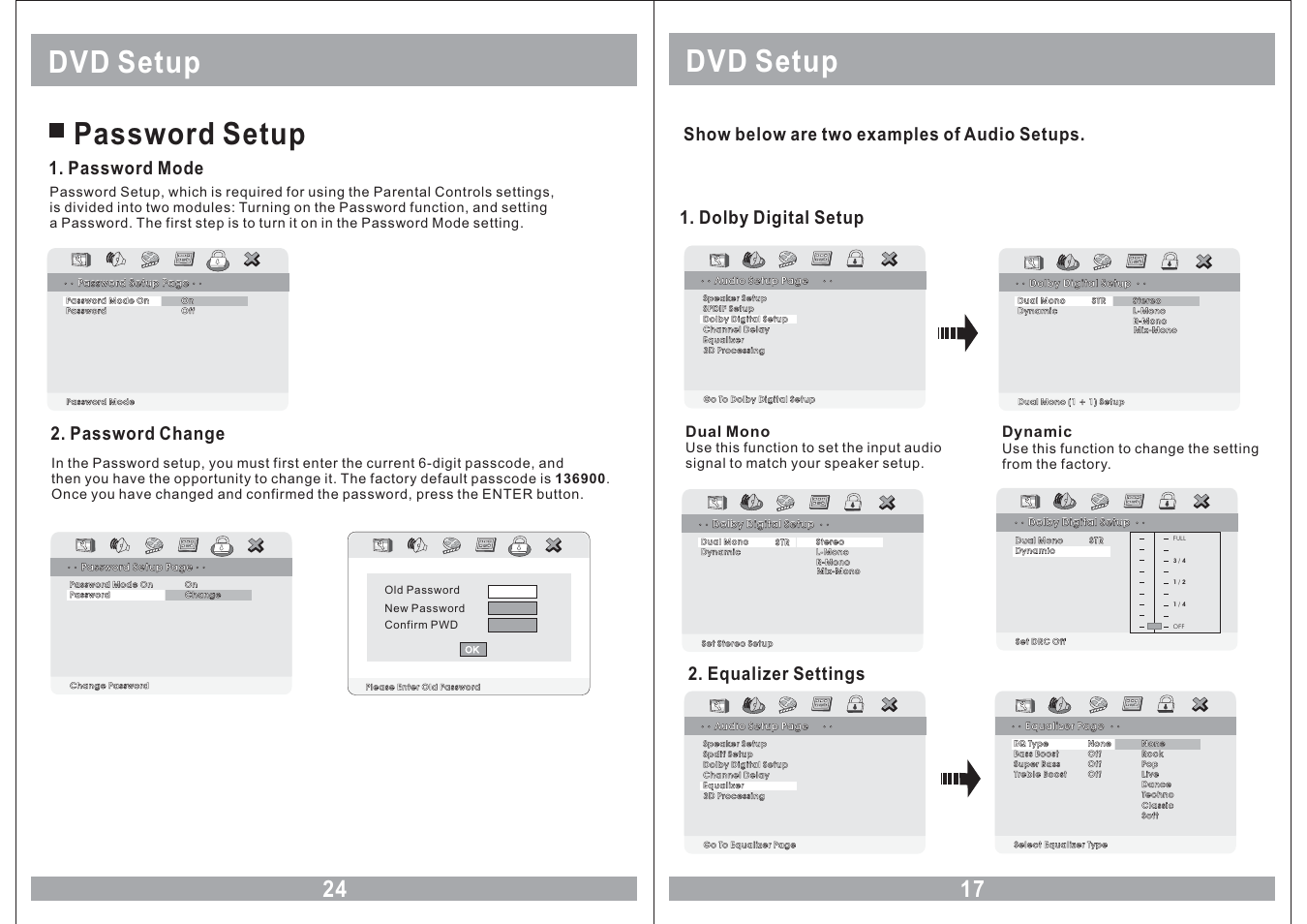 Dvd setup, Dvd setup password setup, Dolby digital setup | Show below are two examples of audio setups, Equalizer settings, Password mode, Password change, Dual mono, Dynamic | Sound Stream VHD-9BK User Manual | Page 17 / 20