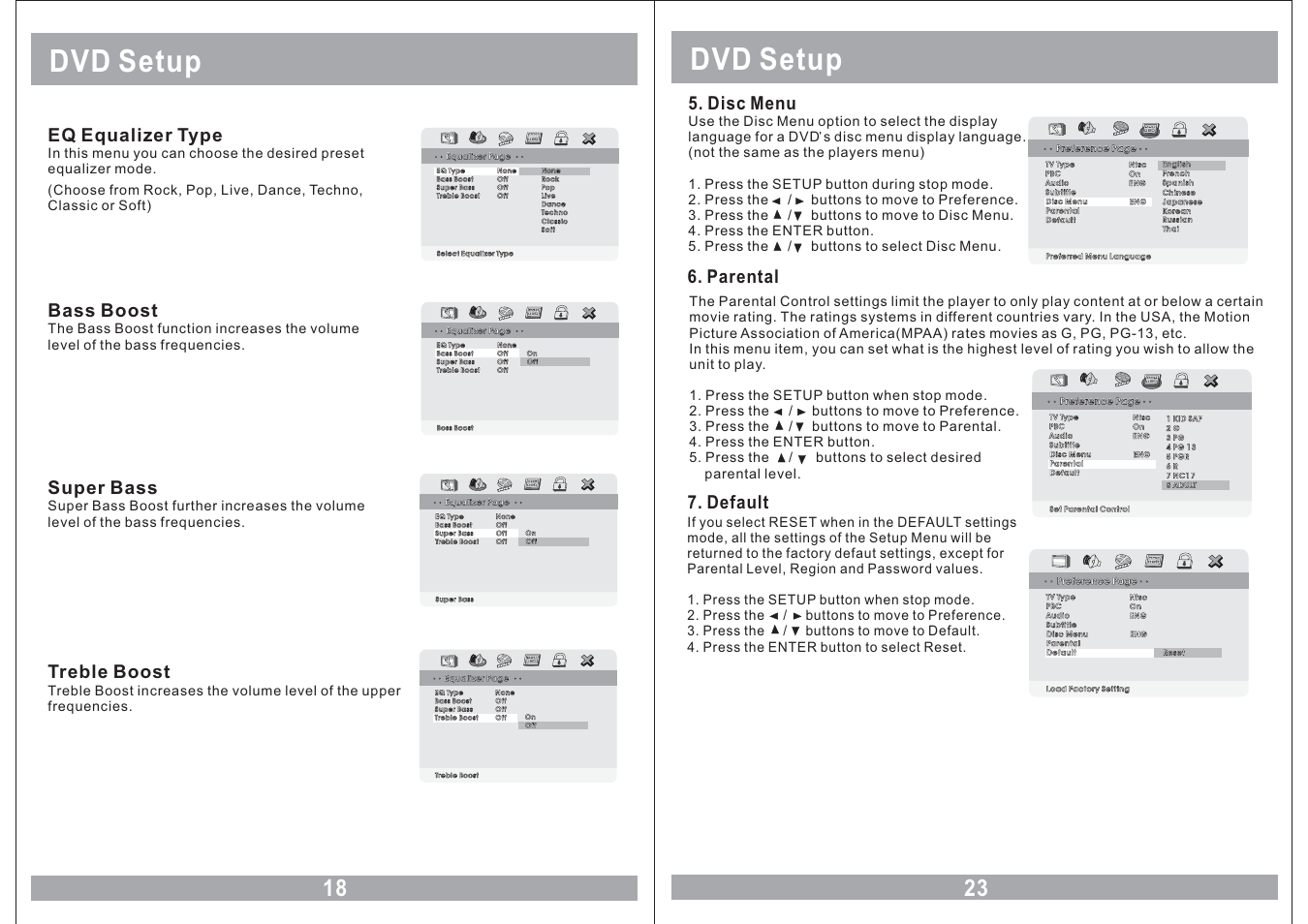 Dvd setup, Eq equalizer type, Bass boost | Super bass, Treble boost, Disc menu, Parental, Default | Sound Stream VHD-9BK User Manual | Page 18 / 20