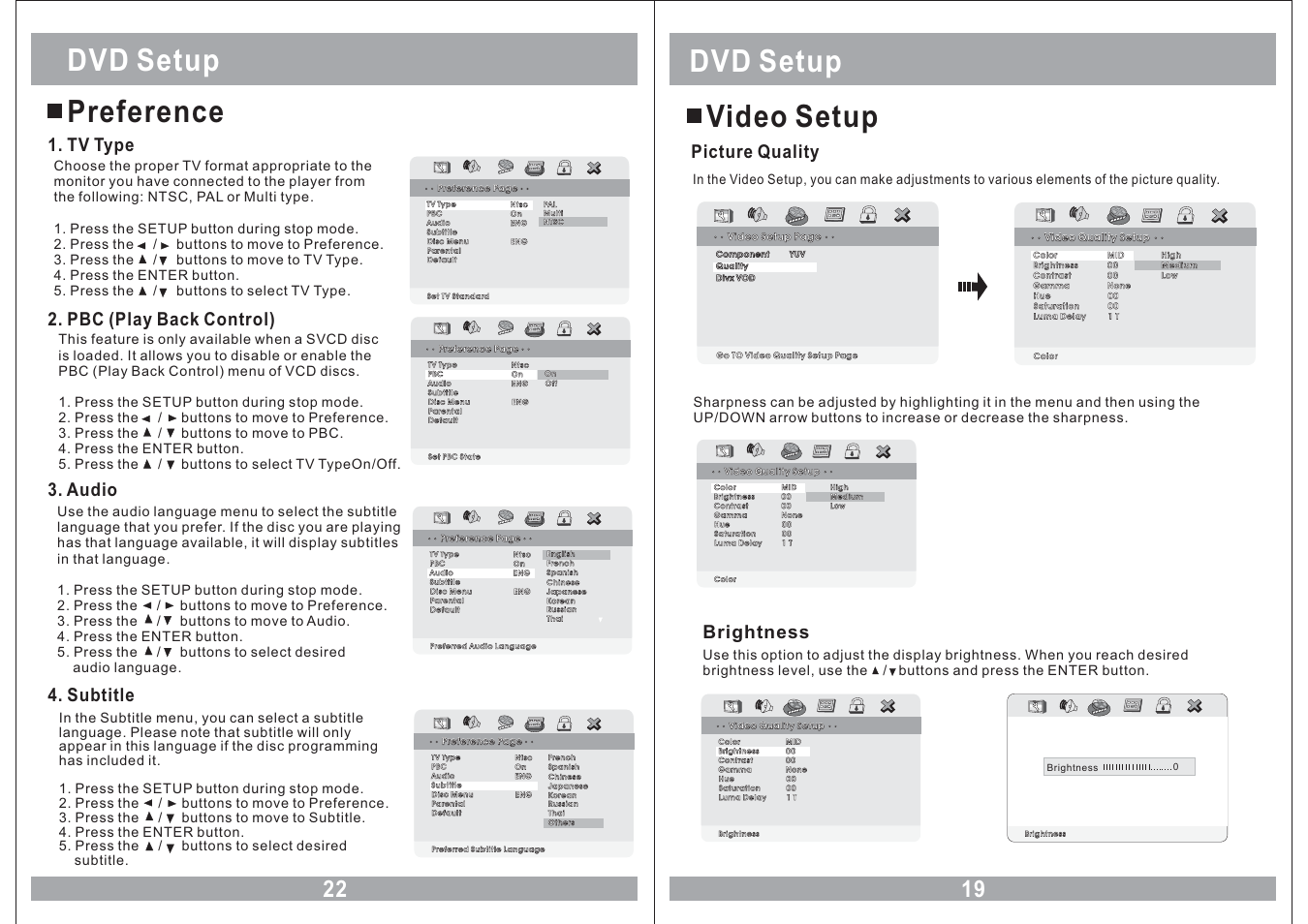 Dvd setup video setup, Dvd setup preference, Picture quality | Brightness, Tv type, Pbc (play back control), Audio, Subtitle | Sound Stream VHD-9BK User Manual | Page 19 / 20