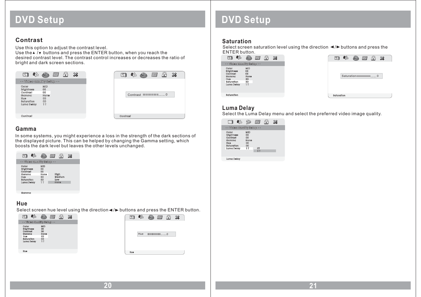 Dvd setup, Contrast, Gamma hue | Saturation, Luma delay | Sound Stream VHD-9BK User Manual | Page 20 / 20