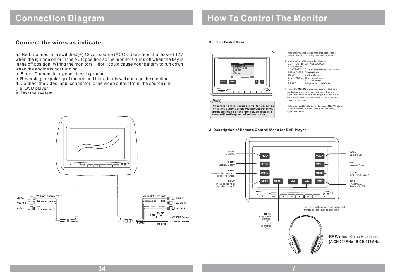 How to control the monitor, Connection diagram, Connect the wires as indicated | Rf w ireless stereo headphone | Sound Stream VHD-9BK User Manual | Page 7 / 20
