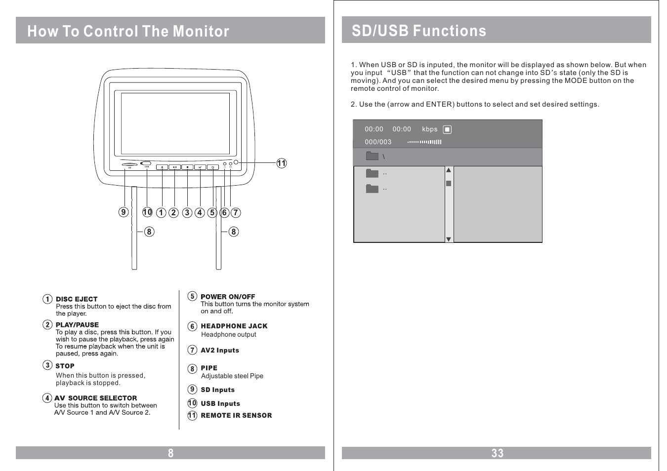 How to control the monitor, Sd/usb functions | Sound Stream VHD-9BK User Manual | Page 8 / 20