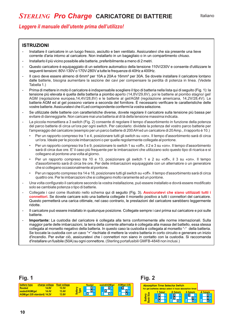 Pro charge, Terling, Caricatore di batterie | Leggere il manuale dell’utente prima dell’utilizzo, Fig. 1 fig. 2 | Sterling Power Products PT1230 User Manual | Page 10 / 16