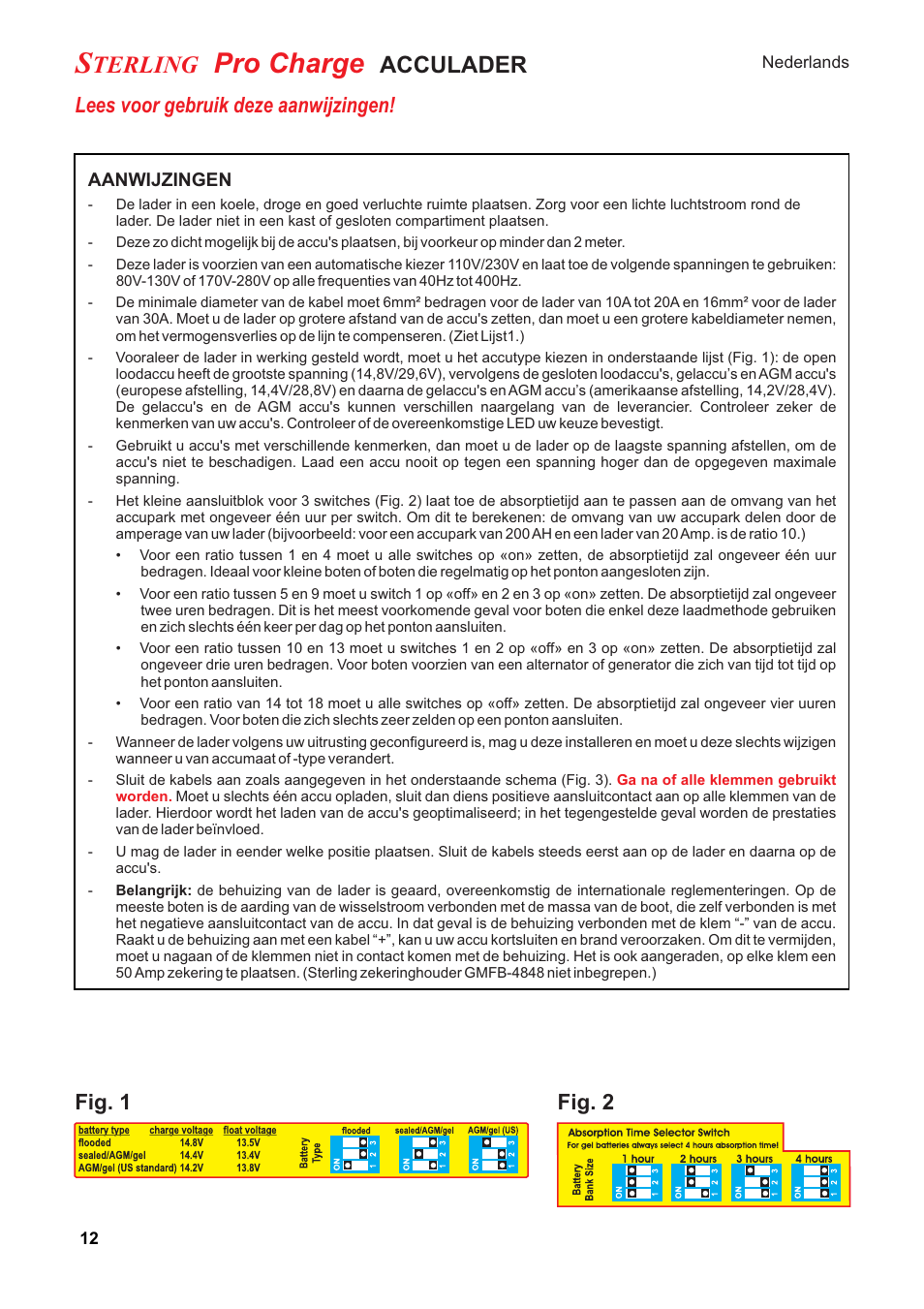 Pro charge, Terling, Acculader | Lees voor gebruik deze aanwijzingen, Fig. 1 fig. 2 | Sterling Power Products PT1230 User Manual | Page 12 / 16