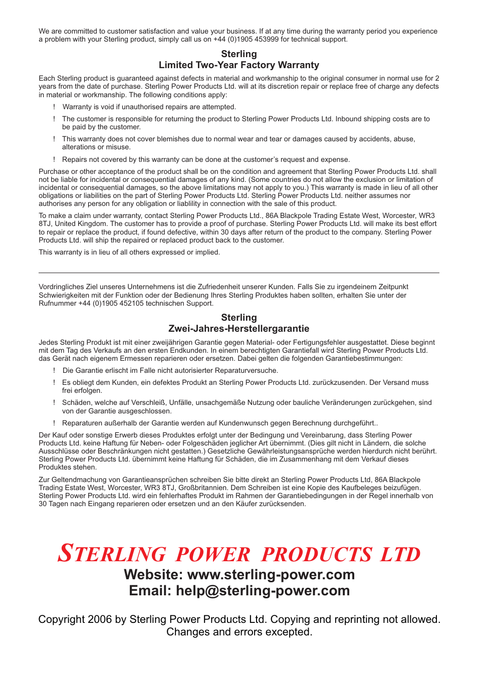 Terling power products ltd | Sterling Power Products PT1230 User Manual | Page 16 / 16