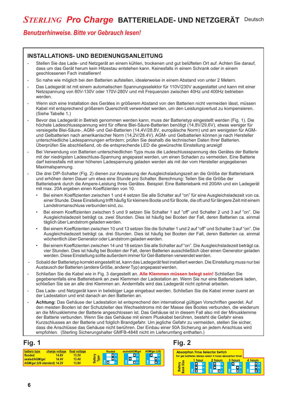 Pro charge, Terling, Batterielade- und netzgerät | Benutzerhinweise. bitte vor gebrauch lesen, Fig. 1 fig. 2 | Sterling Power Products PT1230 User Manual | Page 6 / 16