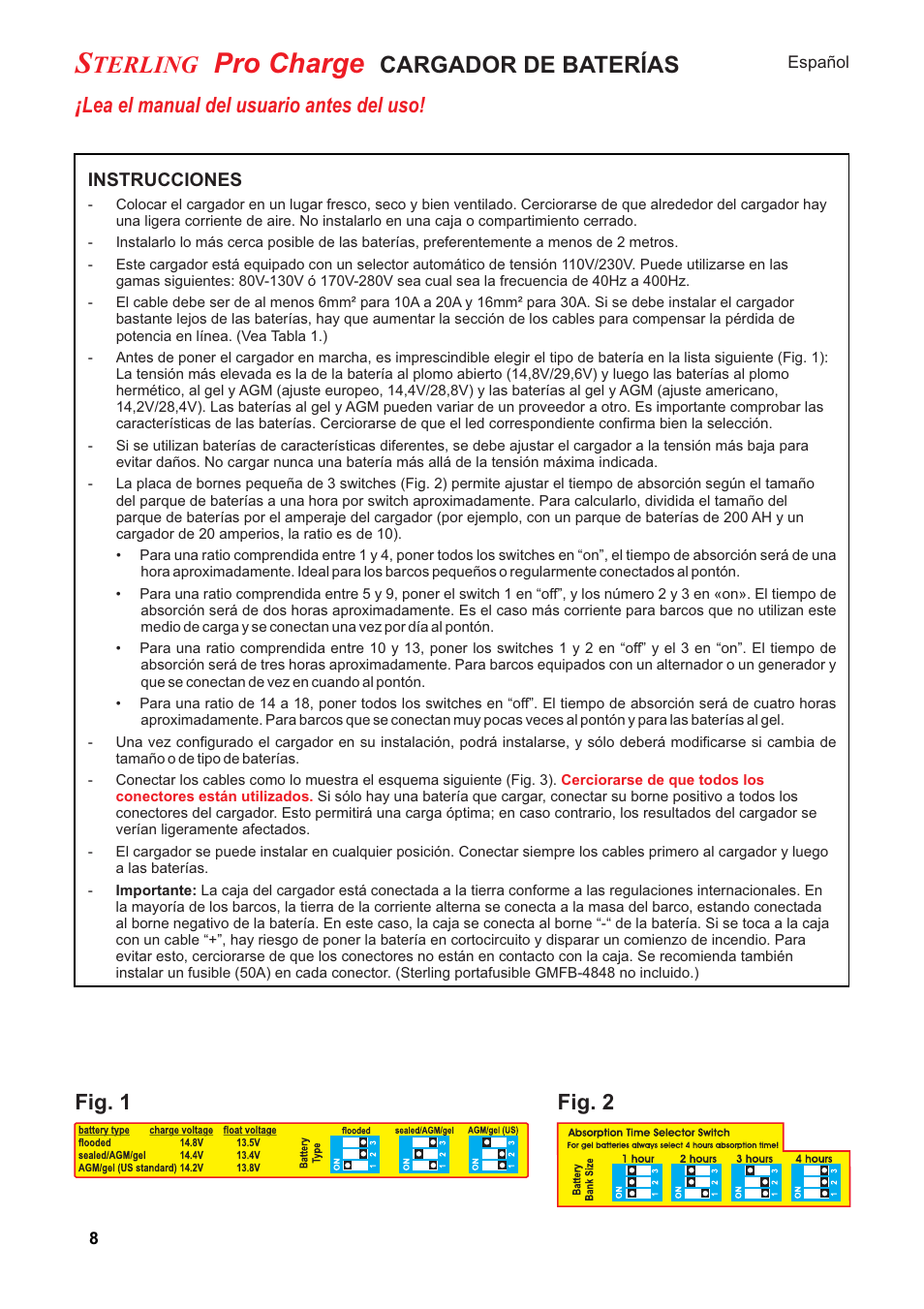 Pro charge, Terling, Cargador de baterías | Lea el manual del usuario antes del uso, Fig. 1 fig. 2 | Sterling Power Products PT1230 User Manual | Page 8 / 16